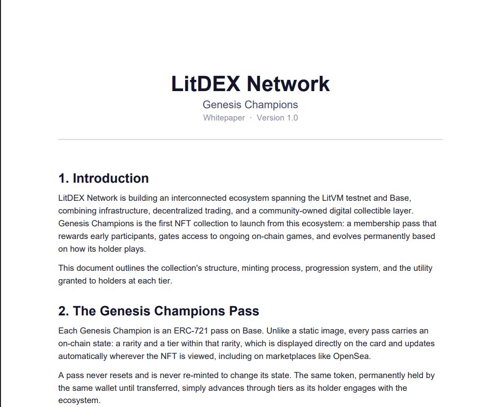 LitDEXApp's tweet photo. ๐ The LitDEX Network whitepaper is live.
Genesis Champions: 1,000 passes across 4 rarities, on-chain games that push your NFT up or down in tier, and real yield for Epic & Legend holders from protocol repair revenue.
Read it: https://t.co/cTHw1NVert
#LitDEX #Base #NFT https://t.co/Zq0cqS0Fwa