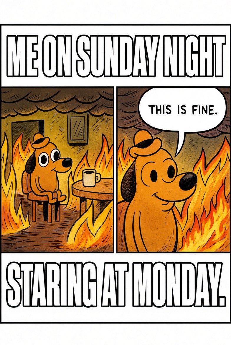 Smokeytime132's tweet photo. Sunday night energy.
The house is on fire and I’m still holding the mug.
#ThisIsFine #SundayScaries https://t.co/syh8Brh5mW