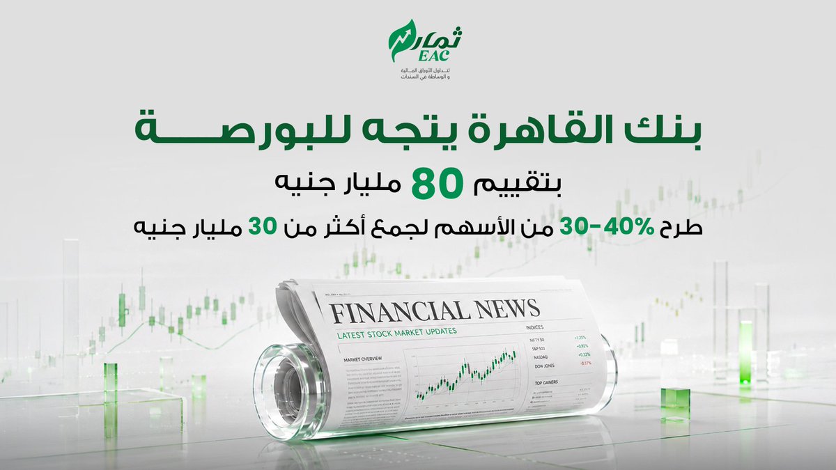 themareac's tweet photo. رفع بيكر تيلي تقييم بنك القاهرة إلى 80 مليار جنيه، استعداداً لطرح 30-40% من الأسهم بالبورصة المصرية لجمع أكثر من 30 مليار جنيه.

سجل البنك ودائع 443 مليار جنيه وأرباحاً 8.941 مليار جنيه (+22%).

EBRD وIFC يستهدفان شراء 10% من الأسهم، والطرح متوقع نوفمبر المقبل.
#الاستثمار https://t.co/x9fhDcVCYd