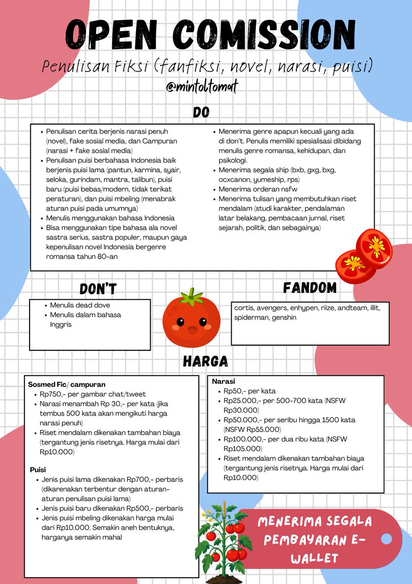 sasouink_ba's tweet photo. [PLEASE HELP RT &amp; LIKE]

Halo semua, aku open komis soal kepenulisan fiksi ya. Bisa fake sosmed AU, fiksi narasi, ataupun puisi. Just hit my dm if you all interested. Buat portofolio aku letakin di komen ya. Terima kasih semua <3

#writingcommision #opencommis https://t.co/wmGV8kJ9ml
