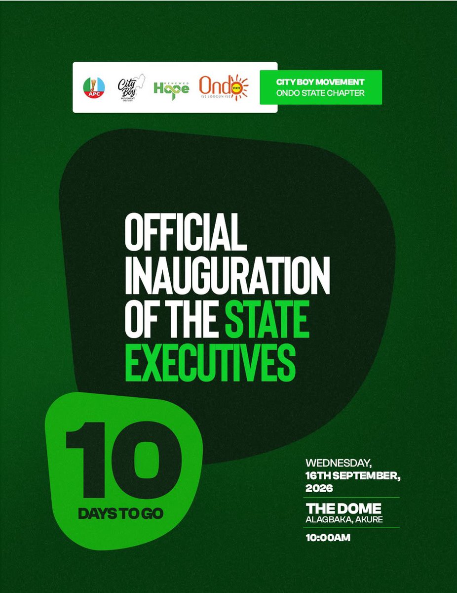 AdoAdeboye's tweet photo. 10 DAYS TO GO!

The countdown is officially on!

In just 10 days, the City Boy Movement, Ondo State Chapter, will inaugurate its state executives and begin a new chapter of grassroots mobilisation, leadership and collective action.

Ondo State, get ready. The City Boy Movement https://t.co/ciG5Pd20Hk