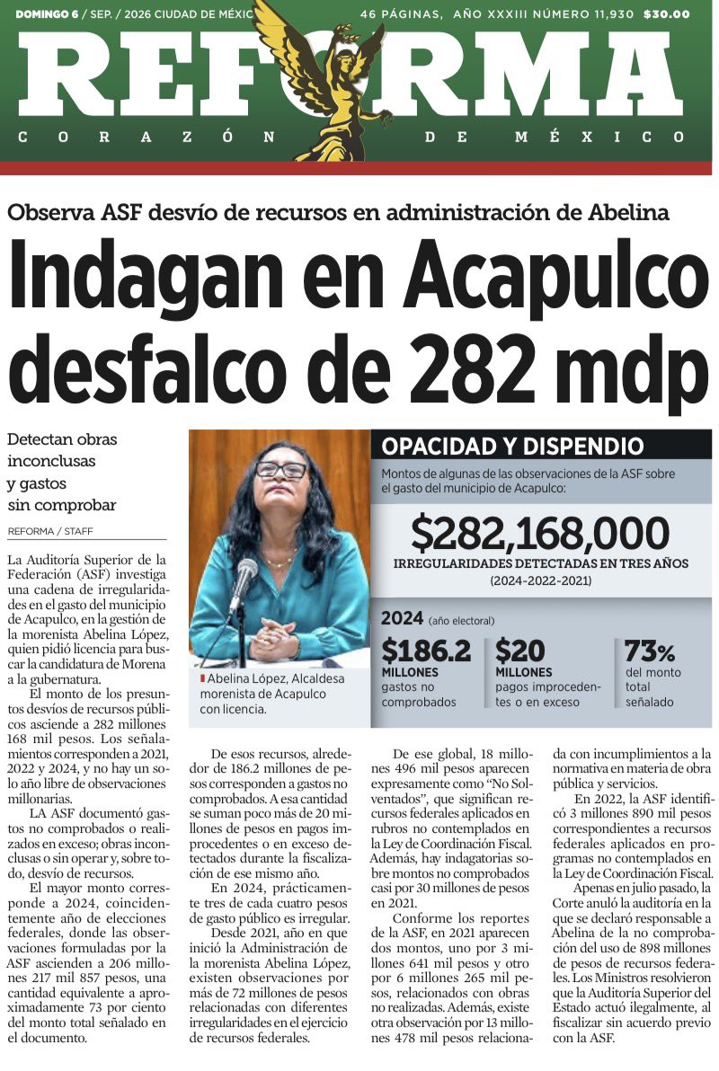 bereaguilarv's tweet photo. ¡ESCÁNDALO EN ACAPULCO! 
¿Será la calor u otra morenarca ladrona?

La ASF pone la lupa sobre 282 mdp en irregularidades durante la administración de Abelina López: gastos sin comprobar, pagos improcedentes y obras inconclusas.

Y sólo en 2024, año de su reelección, fueron 206 millones.

¿Y ahora qué quiere Abelina?

Gobernar Guerrero.

De Acapulco a la gubernatura… cargando 282 millones de preguntas.