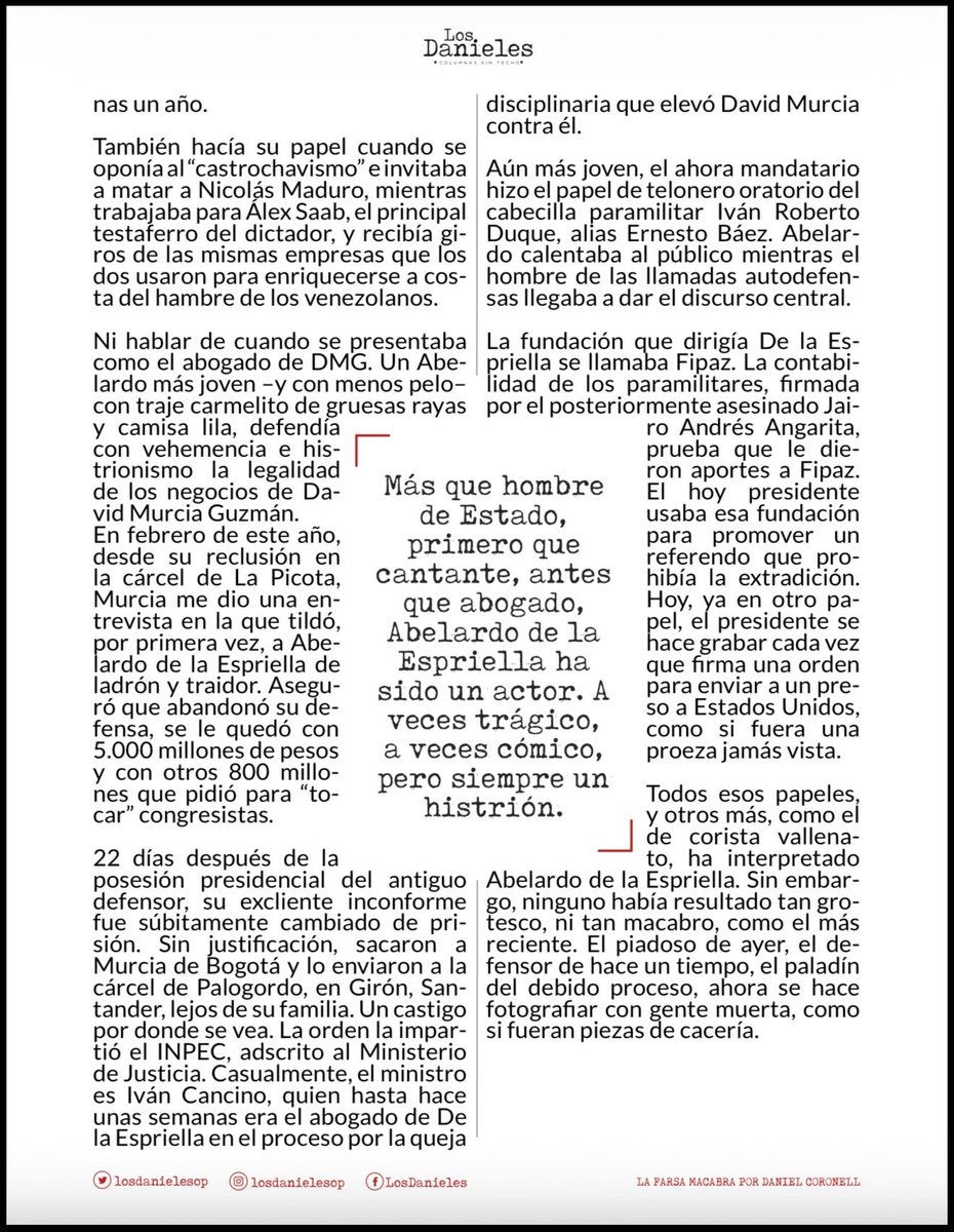 Laucamkilla's tweet photo. David Murcia llamó a De la Espriella 'ladrón y traidor' desde la cárcel, 22 días después de la posesión, lo trasladaron lejos de Bogotá.

El ministro de Justicia que firmó el traslado era su abogado personal semanas antes.

Excelente columna de @DanielCoronell
 
#LaFarsaMacabra https://t.co/ngRHef75MF