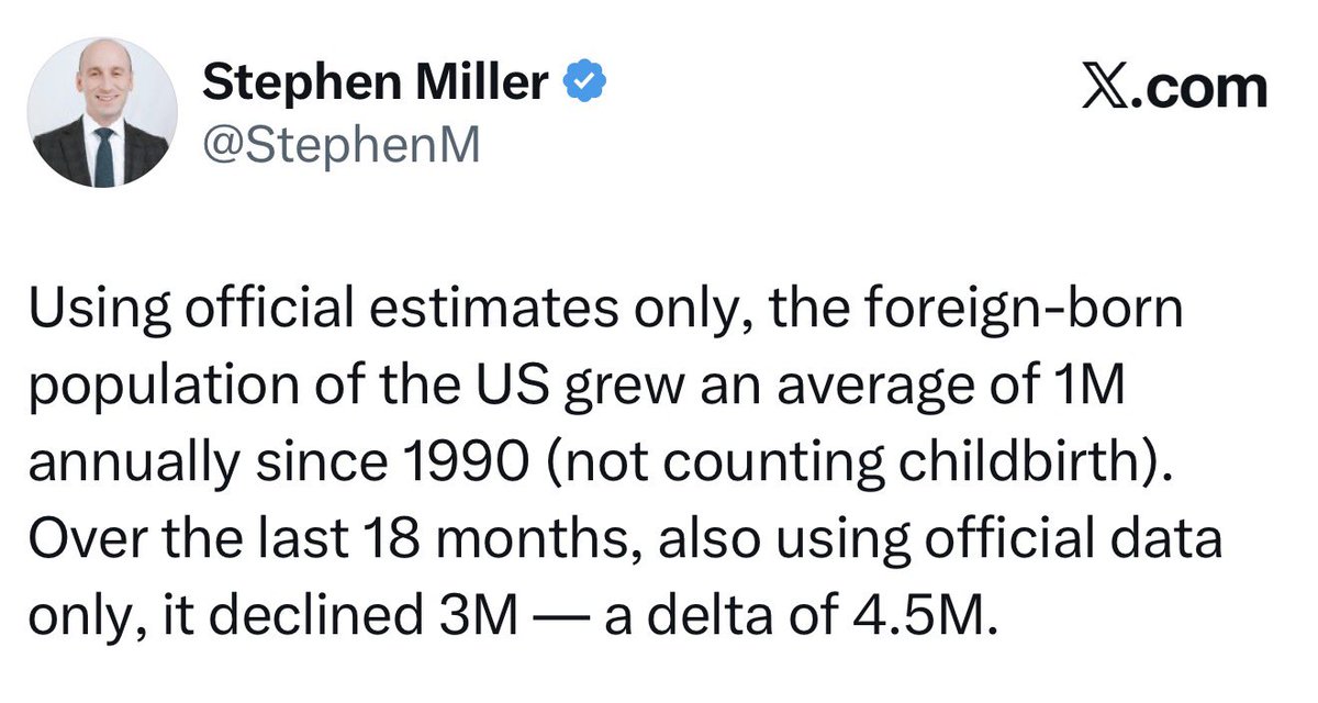 GuntherEagleman's tweet photo. This is exactly what I voted for!

For 30 years the foreign-born population grew about 1 million a year.

In 18 months it dropped 3 million.

That’s not a talking point. That’s a border that finally exists!

Democrats allowed it and called it impossible. The media called it cruel. Voters called it overdue.

Enforcement works. Sovereignty is not optional. America First wasn’t a slogan. It was an order!

Keep going, full throttle!