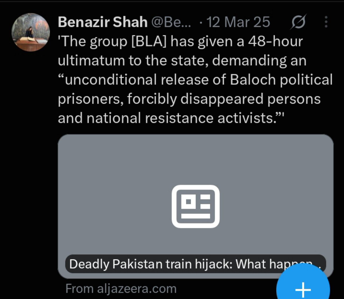 ____handle_____'s tweet photo. Benazir will call BLA a "Group" and never terrorist organization,wud never condemn BLA for k1lling punjabis but look at her twisting Maryam statement with essay.

Any Shame self-claimed journalist? @Benazir_Shah . https://t.co/zofBlDbkfU