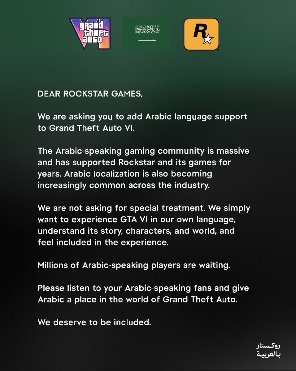 as_ayj's tweet photo. Dear Rockstar Games, millions of Arab fans are eagerly waiting for GTA VI. Please add official Arabic language support (menus and subtitles) to the game so the community can fully enjoy the masterpiece.
@RockstarSupport @RockstarGames #ArabicForGTA6 https://t.co/zlOcroF3IH