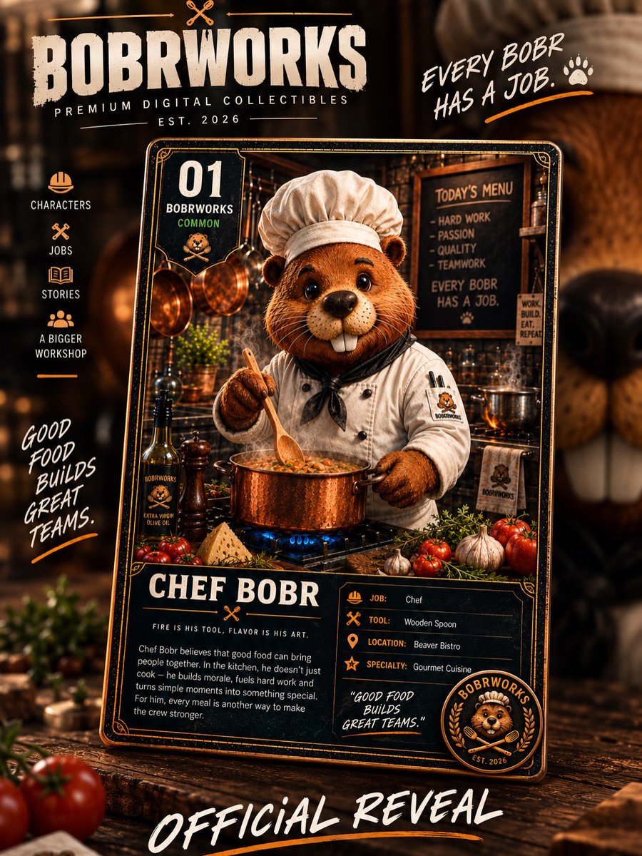BobrWorks's tweet photo. @XenommArt Our latest creation just clocked in. 🦫👨‍🍳
Meet CHEF BOBR #01, the first character from the BOBRWORKS Workshop.
Every Bobr has a job. Every job has a story. ⚒️
Curious to hear your rating! 👀 https://t.co/J6euhnhWMH