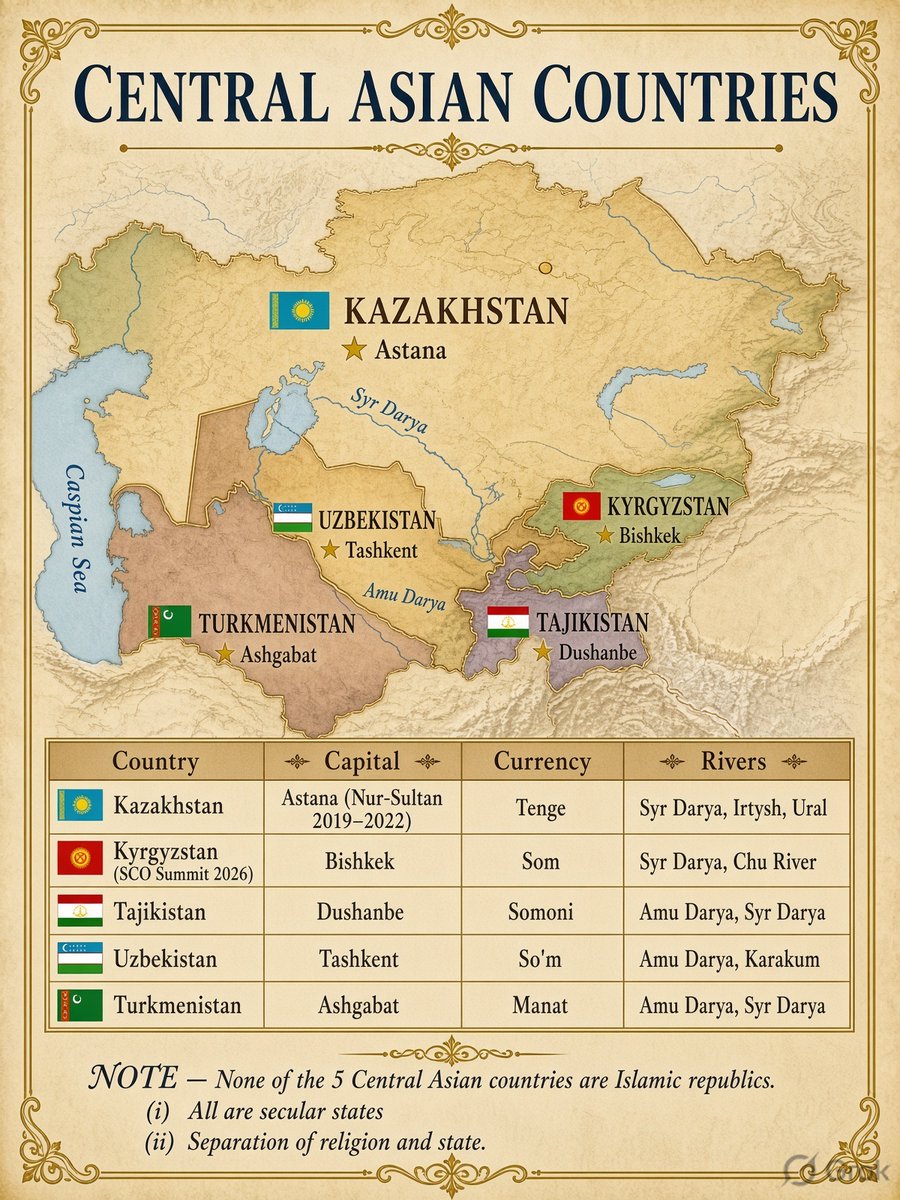 BPSCVALLEY's tweet photo. Notes - 46
✴️Map work - Central Asian countries https://t.co/cmtANGaiVO