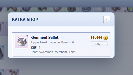 A27Star's tweet photo. Kafra Shop has another interesting find: Gemmed Sallet for 50,000 Zeny! It gives DEF 4 and can be equipped by Swordsman, Merchant, and Thief. Definitely worth considering for early builds and extra defense while grinding. What do you think? @IdleROGame #IdleRO https://t.co/XOJCg94OB6