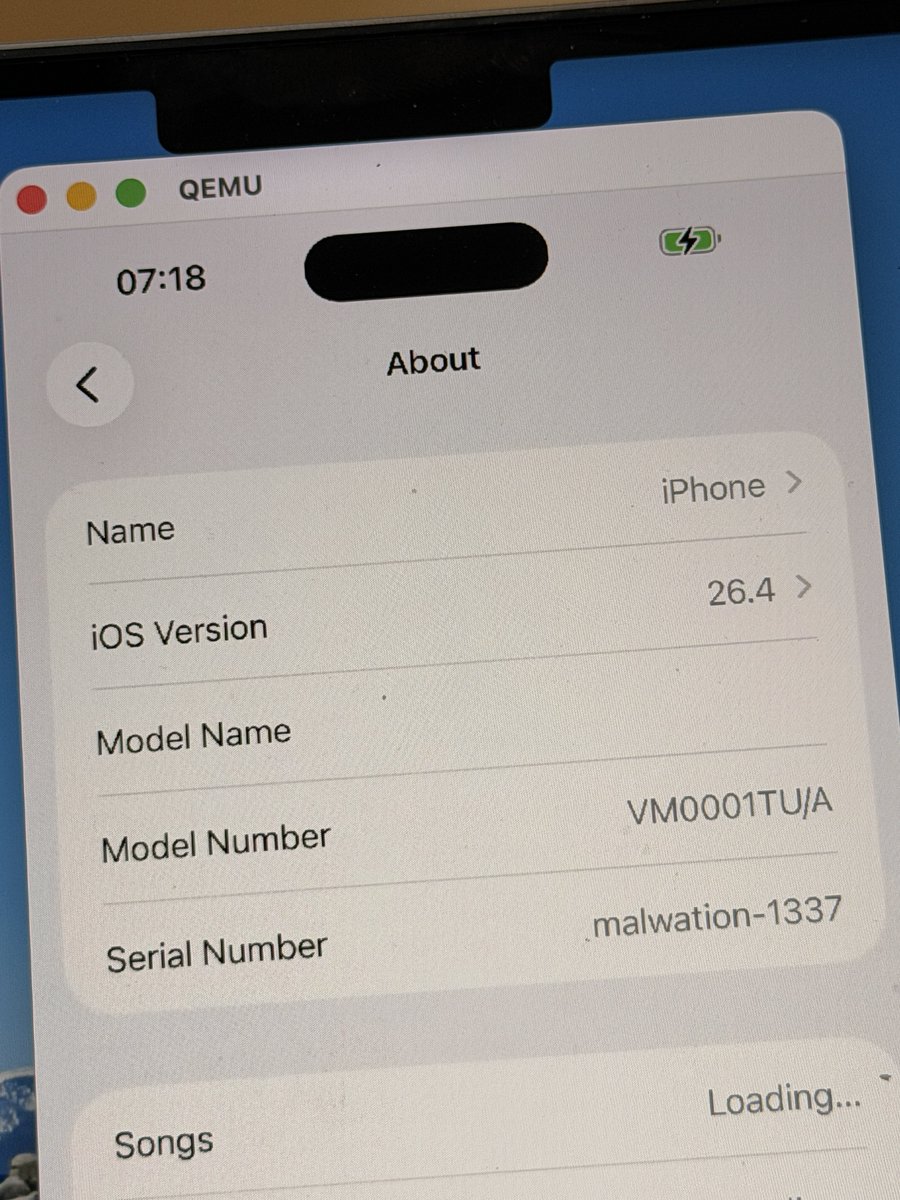 kaganisildak's tweet photo. 🧿🧿🧿🧿🧿🧿🧿🧿🧿
🧿  ios 26.4 on QEMU  🧿
🧿🧿🧿🧿🧿🧿🧿🧿🧿
fully emulated https://t.co/cwwwJVTYhl