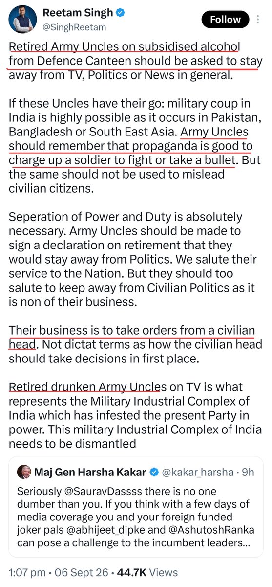 VijayGajeraO's tweet photo. Reetam Singh is a Congress spokesperson.

Just look at his views about retired army veterans.

He thinks that veterans are drunk and they do everything for subsidized alcohol.

According to him, army veterans do propaganda to encourage soldiers to take bullets. https://t.co/29h1ZfVxSA