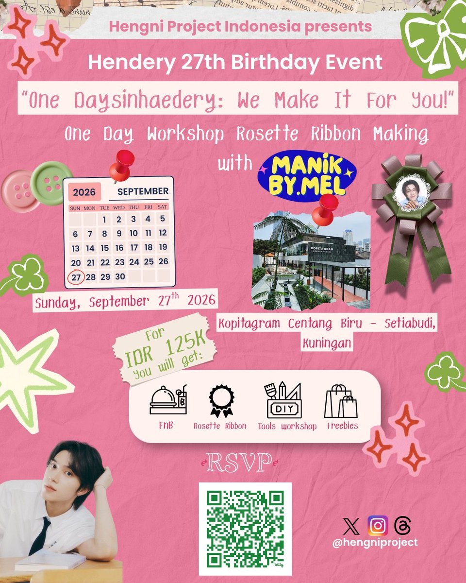 veerayrlie's tweet photo. 🏵️🎀 Hendery 27th Birthday Event: Rosette Ribbon Workshop
“One Daysinhaedery: We Make It For You!”

📅 : Sunday, September 27th 2026
📍 : Kopitagram Centang Biru, Setiabudi
🕙 : 10.00 - 13.00 WIB

🫧 RSVP through: https://t.co/BXd3UXPoL4 

#OneDaysinhaedery https://t.co/QeuEe13TAg