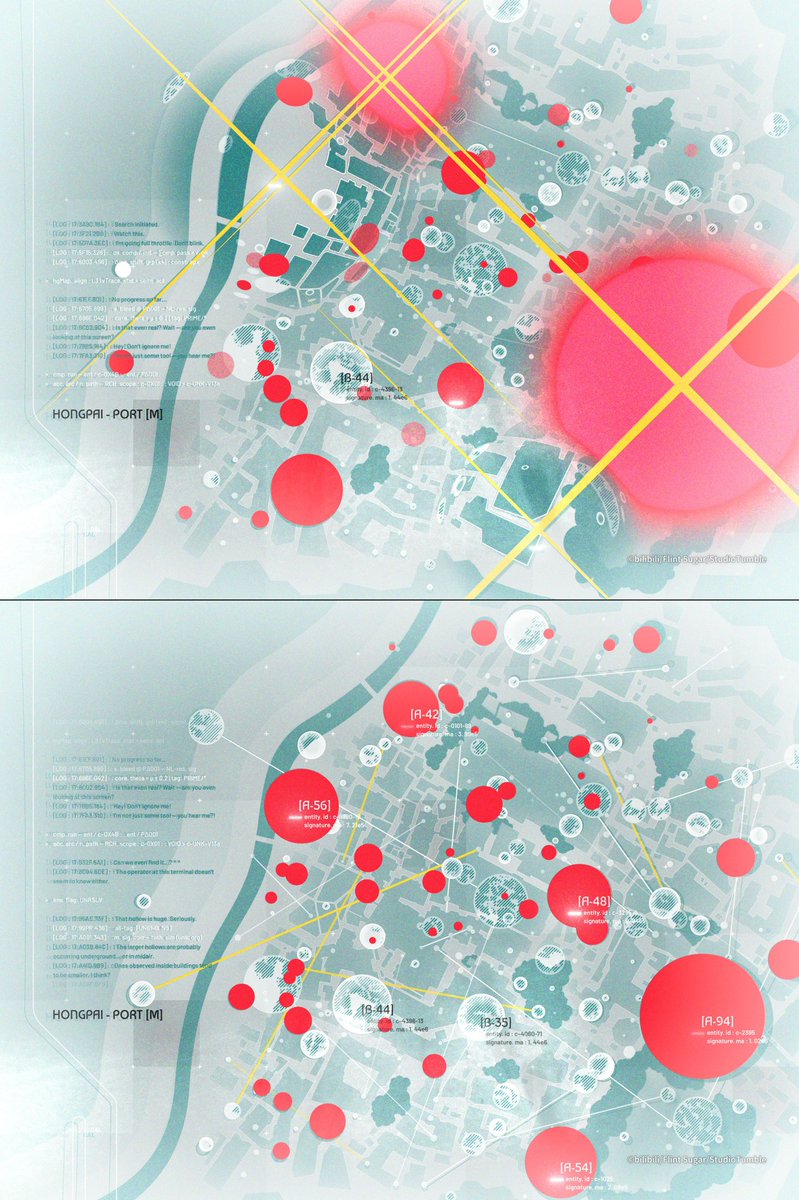 xeksenk's tweet photo. A few details behind GAO’s monitor UIs 🔴

Based on Hongpai Port’s top-view art, I built the flow from hollow mapping to target lock / tracking, with logs and staged monologues that give the system personality and reflect the organization’s absurdity.

#记忆管理局 #FalseMemory https://t.co/S278GLarpQ
