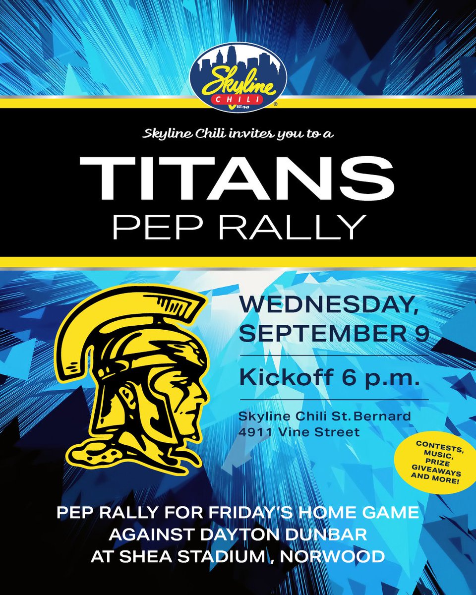 xtownshowdown's tweet photo. Skyline Chili Pep Rally Tour Visits Ohio, Northern Kentucky This Week

Two more stops are scheduled this week on the @Skyline_Chili Pep Rally Tour, covering both Cincinnati and Northern Kentucky to help schools get revved up for their games in week four of the high school football season.

The first stop is Wednesday at the St. Bernard Skyline Chili (4911 Vine Street) for @SBEPFootball, which is one of the area’s top small-school programs and looks to remain undefeated when the Titans (3-0) face Dayton Dunbar on Friday night at Shea Stadium in Norwood.

St. Bernard-Elmwood Place has won 27 games the last three seasons, including a 10-win season in 2024, and looks to extend a 12-game, regular-season winning streak.  The Titans are the defending White Division champion in the @MiamiValleyConf, and have outscored opponents, 111-8, while recording two shutouts.

On Thursday, the tour heads to NKY for the second of three stops this season in the Bluegrass when it visits the Independence Skyline Chili (1968 Declaration Drive), located just minutes from Simon Kenton High School – which is off to a 2-1 start and scheduled to host power Beechwood on Friday night.  The @SKHSFootball Pioneers, annually one of the top Class 6A programs in the area, won their first two games before falling at Covington Catholic last Friday.

Both rallies kick off at 6 p.m.

Pep rallies include giveaways (commemorative rally shirts, gift cards and a special Skyline Chili gift basket) and typically feature music from the school’s marching band, pep band and/or drumline, routines from cheer squads and dance teams, a trivia contest between student attendees, and an interview with the head football coach about the season and that week’s game.