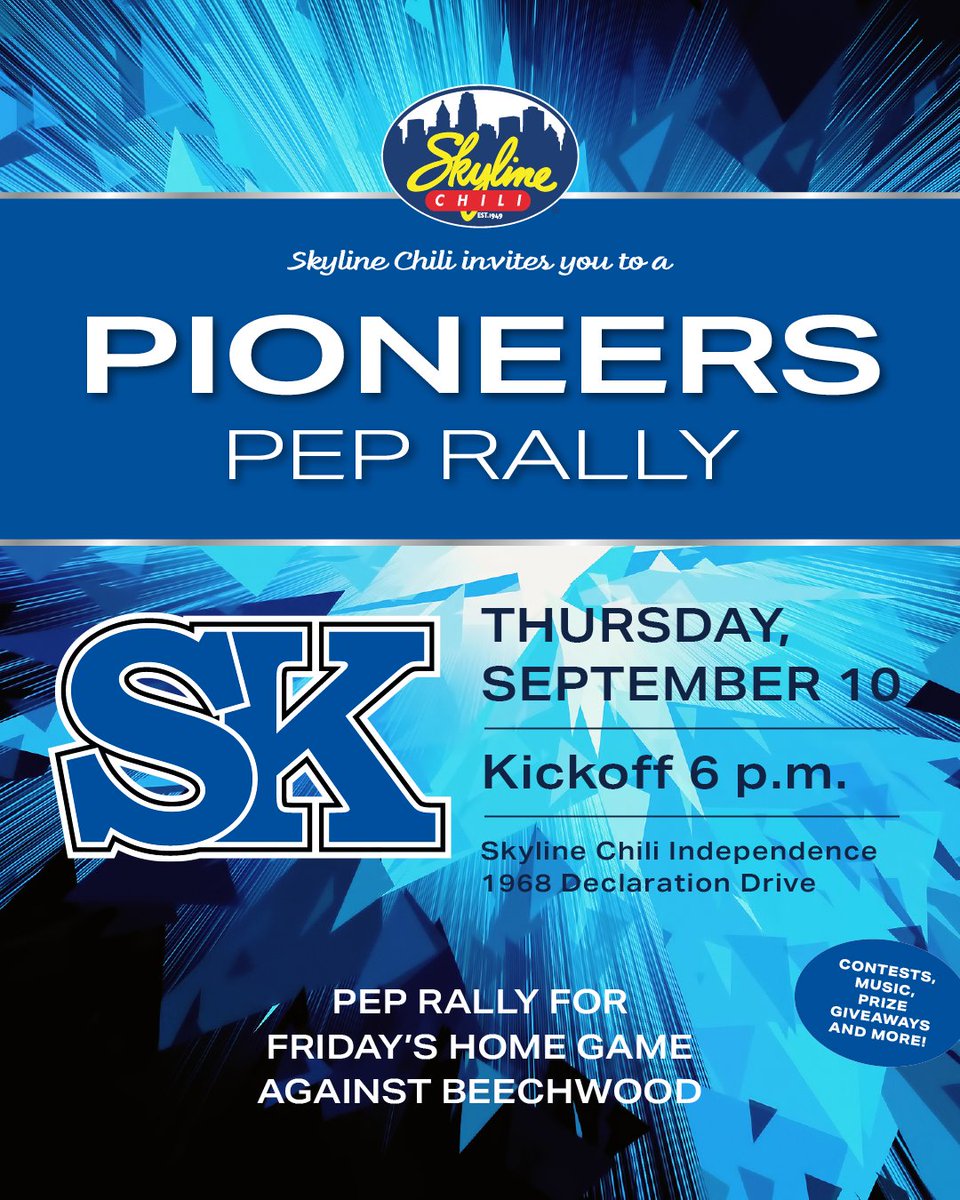 xtownshowdown's tweet photo. Skyline Chili Pep Rally Tour Visits Ohio, Northern Kentucky This Week

Two more stops are scheduled this week on the @Skyline_Chili Pep Rally Tour, covering both Cincinnati and Northern Kentucky to help schools get revved up for their games in week four of the high school football season.

The first stop is Wednesday at the St. Bernard Skyline Chili (4911 Vine Street) for @SBEPFootball, which is one of the area’s top small-school programs and looks to remain undefeated when the Titans (3-0) face Dayton Dunbar on Friday night at Shea Stadium in Norwood.

St. Bernard-Elmwood Place has won 27 games the last three seasons, including a 10-win season in 2024, and looks to extend a 12-game, regular-season winning streak.  The Titans are the defending White Division champion in the @MiamiValleyConf, and have outscored opponents, 111-8, while recording two shutouts.

On Thursday, the tour heads to NKY for the second of three stops this season in the Bluegrass when it visits the Independence Skyline Chili (1968 Declaration Drive), located just minutes from Simon Kenton High School – which is off to a 2-1 start and scheduled to host power Beechwood on Friday night.  The @SKHSFootball Pioneers, annually one of the top Class 6A programs in the area, won their first two games before falling at Covington Catholic last Friday.

Both rallies kick off at 6 p.m.

Pep rallies include giveaways (commemorative rally shirts, gift cards and a special Skyline Chili gift basket) and typically feature music from the school’s marching band, pep band and/or drumline, routines from cheer squads and dance teams, a trivia contest between student attendees, and an interview with the head football coach about the season and that week’s game.