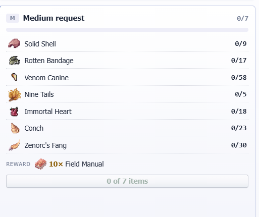 LiLoxbt63's tweet photo. This Medium Request is no joke 😮‍💨 7 items to hunt down: Shells, Bandages, Venom Canines, Nine Tails, Immortal Hearts, Conches, and Zenorc’s Fangs. But the reward? 10x Field Manuals! 📚🔥 Time to grind! 🎮 #IdleRO @IdleROGame https://t.co/jAMdKrF78S
