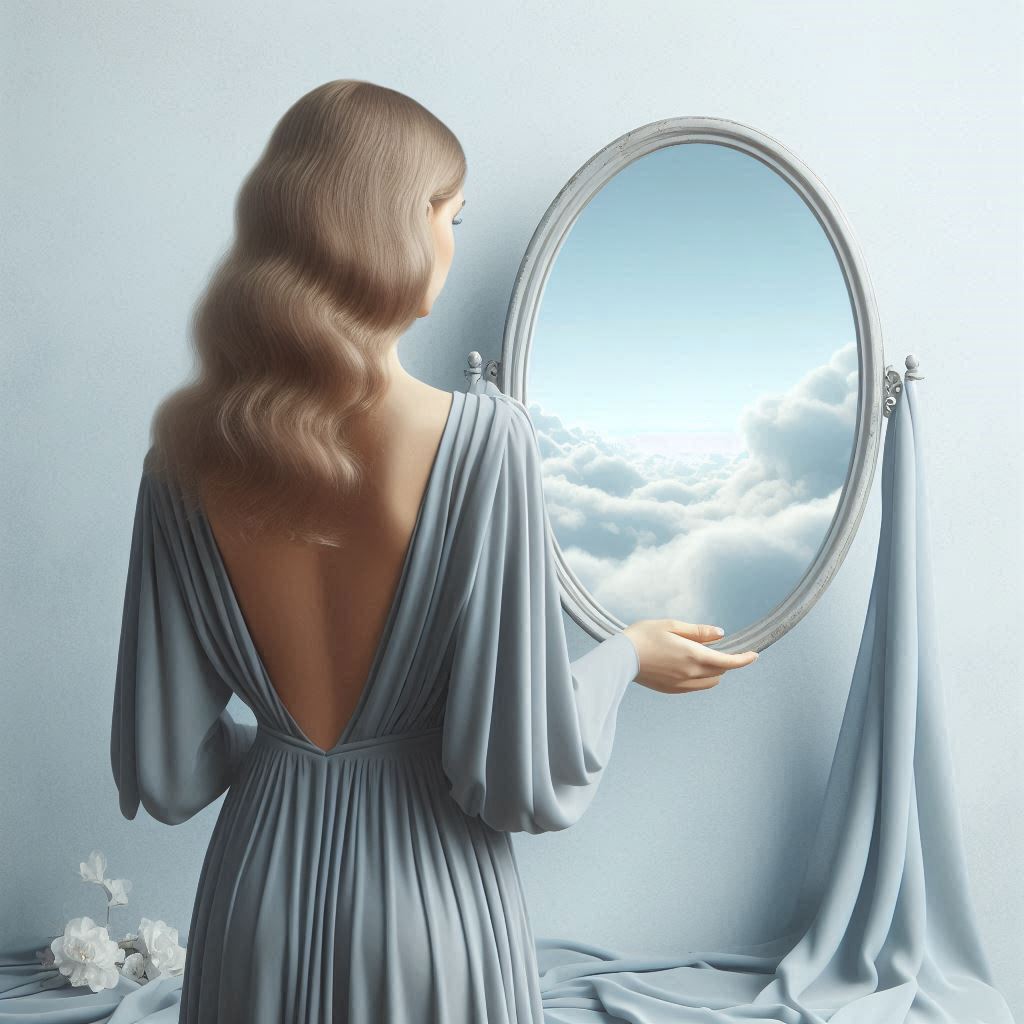Kveta24's tweet photo. She did not look for her own face — she looked for the sky that still lived inside her.
#WomanAndTheMirror #SurrealPortrait #BeyondTheGlass #Soulscape #EtherealArt https://t.co/L59ODftsOJ