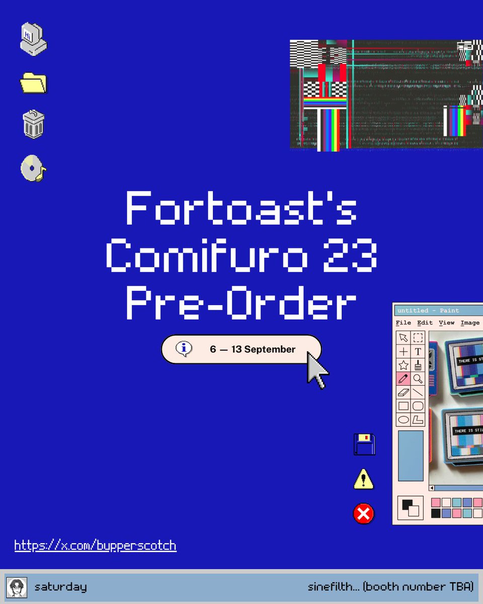 bupperscotch's tweet photo. 🖤🔁 are appreciated!

Hello! My #Comifuro23 pickup pre-order is open 🛒✨ 

📍 sinefilth... (Saturday, booth number TBA)
🗓️ 6  — 13 Sept 2026
💾 Originals, films, bands

#CF23 #CF23Catalogue https://t.co/2ADFqOmFNU