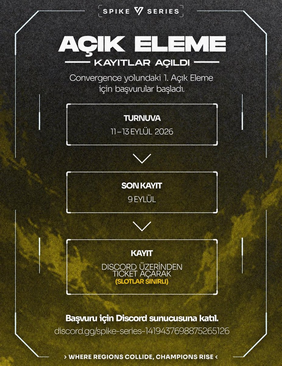 SpikeSeriesTR's tweet photo. 🚨AÇIK ELEME KAYITLARI AÇILDI 🚨

Convergence yolundaki ilk açık eleme için başvurular başladı.

💸 Katılım ücretsizdir
📅 Turnuva: 11–13 Eylül
📝 Son kayıt: 9 Eylül
🎟️ Kayıt: Discord üzerinden ticket açarak https://t.co/0C1FtnqSLW
