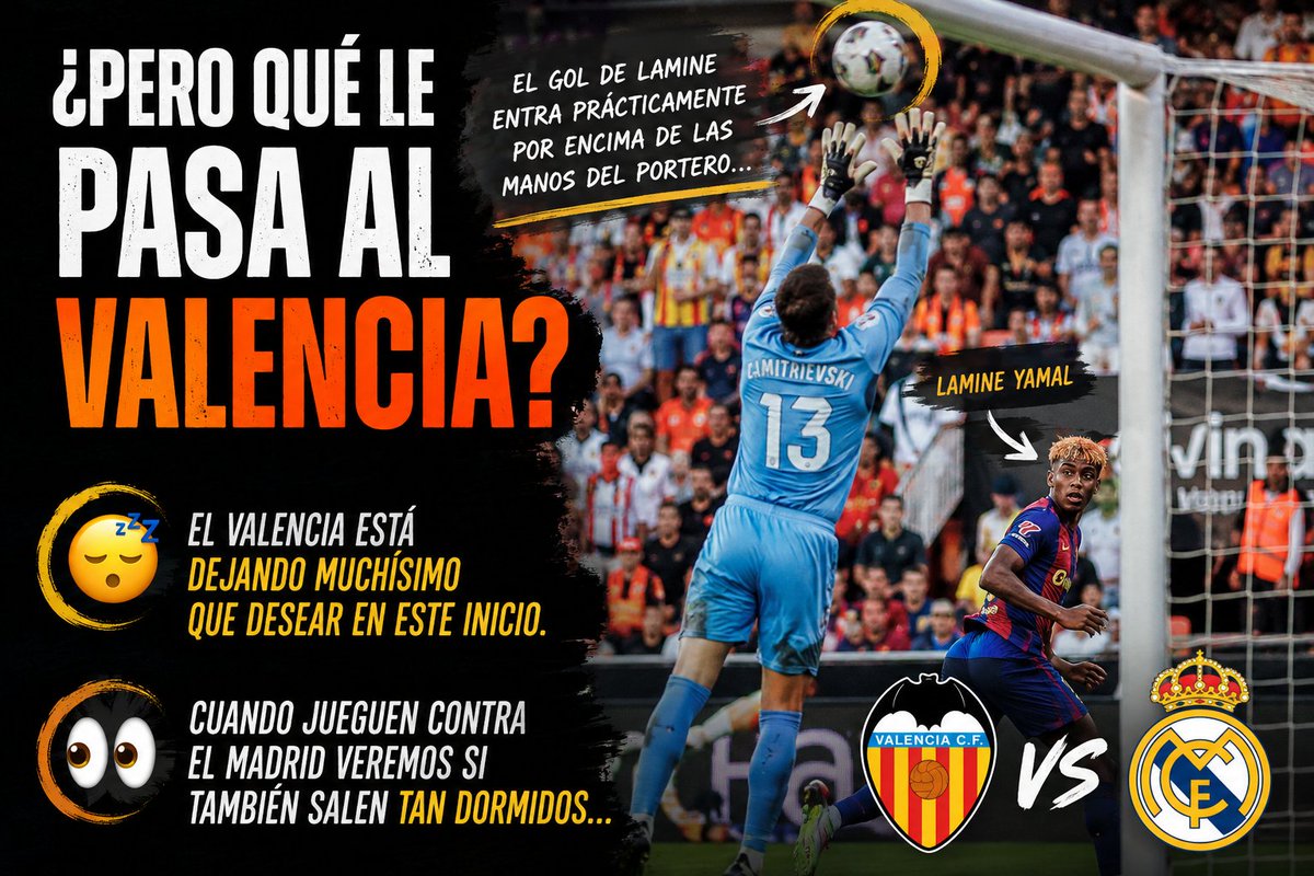 depor_global's tweet photo. 🚨 ¿PERO QUÉ LE PASA AL VALENCIA?

El gol de Lamine entra prácticamente por encima de las manos del portero… 😳

El Valencia está dejando muchísimo que desear en este inicio.

👀 Cuando jueguen contra el Madrid veremos si también salen tan dormidos… https://t.co/LX1g4jFnD8