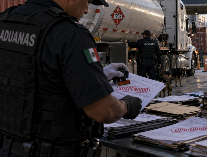Transportemx's tweet photo. 🛃 Sheinbaum suspende 63 permisos aduanales por huachicol fiscal. La medida más contundente del año. Verifica que tu agente tenga permiso vigente. #HuachicolFiscal #ANAM https://t.co/gv5lm3ZKld https://t.co/RpMkvOBzc3