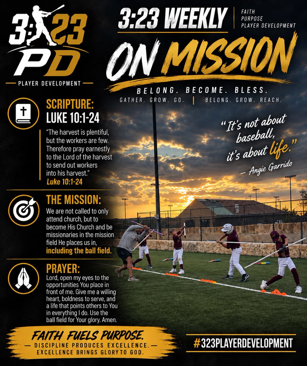 323pd_kaase's tweet photo. 3:23 WEEKLY | ON MISSION ⚾️✝️

📖 Luke 10:1–24

We’re not called to only attend church, but to become His Church and live on mission wherever God places us.

That includes the ball field.

“It’s not about baseball, it’s about life.”

#323PlayerDevelopment #FaithAndBaseball https://t.co/bCCJnB3Bl6