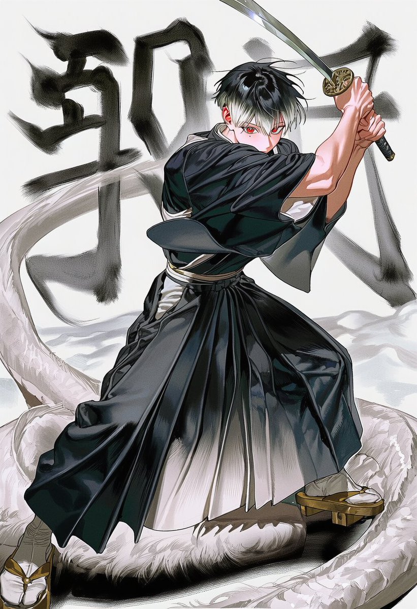 ah__th_'s tweet photo. 찐빠 엄청 많은데 해보실 분 계신가요

[일단 의도한 것: 일도양단]
side view, full body, {{katana raised overhead}}, two-handed sword grip, preparing downward slash, wide stance, leaning forward, black kimono, white inner kimono, black hakama, wide sleeves, white background, 3::large text calligraphy "一刀兩斷" in background::,

4.5에서는 한자 구현이 안 됩니다(그래도 멋있쬬?)