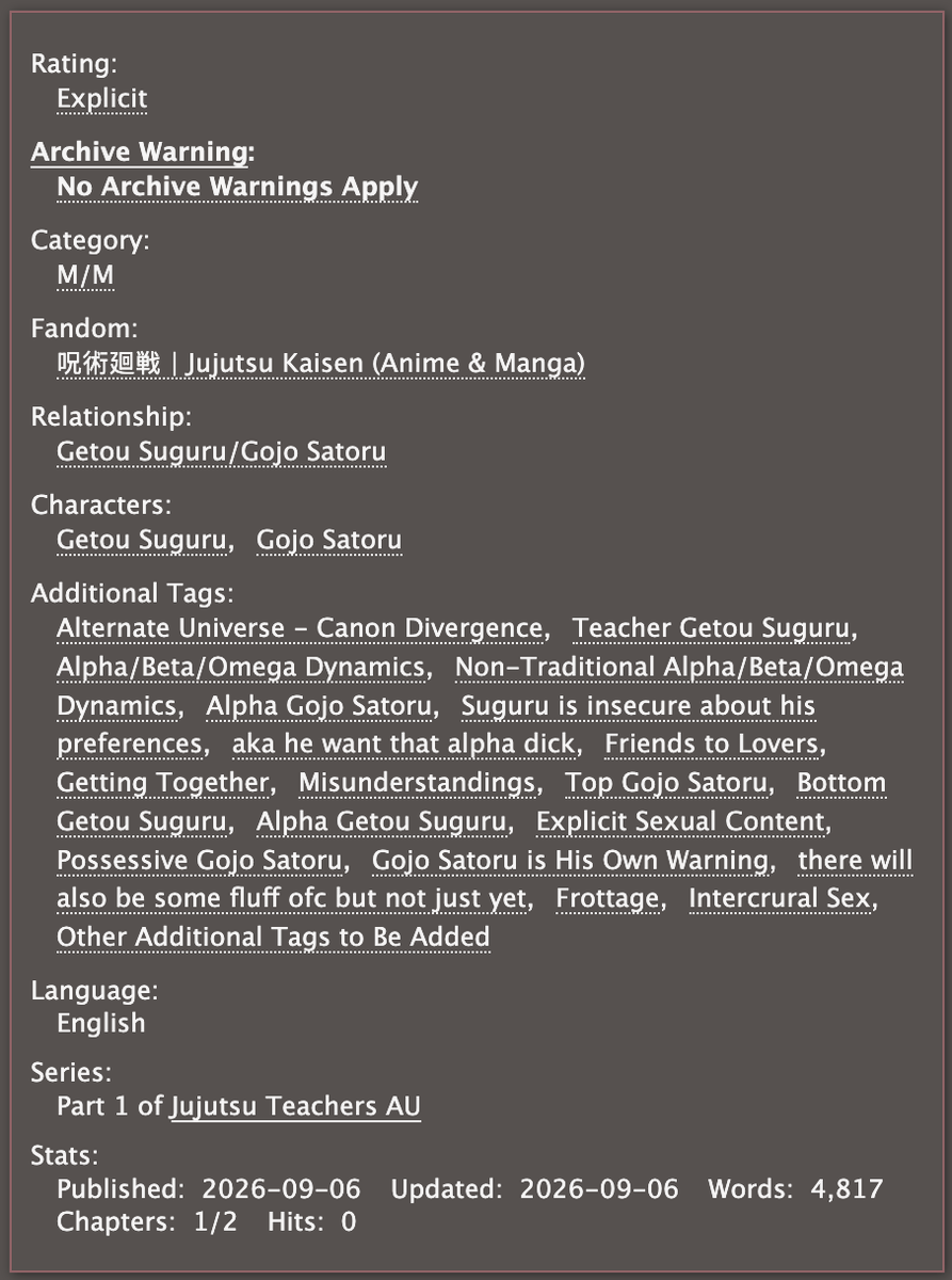 lemonspicelatt3's tweet photo. #goge 五夏・Rent-an-Alpha・ 🔞 ch 1/2 (4.8k words)  

🤍 jujutsu teachers au
🖤 alpha gojo x alpha geto  
🤍 misunderstandings, possessive gojo
🖤 getting together   

🔗🔽 https://t.co/pHXyhK9YRt