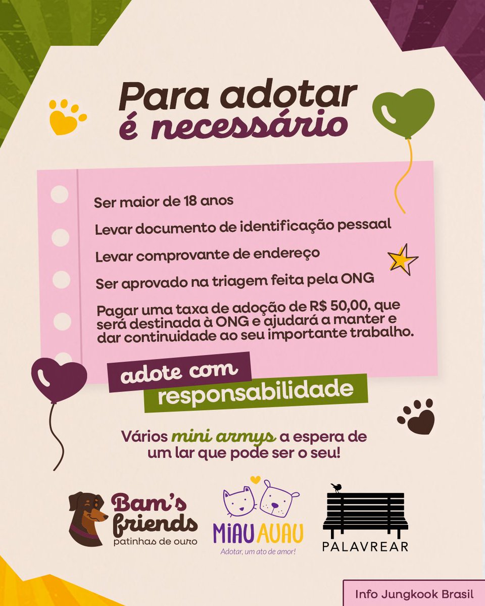 InfoJungkookBR's tweet photo. ✦ UM NOVO LAR PODE ESTAR ESPERANDO POR VOCÊ! 🐾

O Bam’s Friends vai ganhar vida de uma forma muito especial! 💜

Neste ano, em comemoração ao aniversário do Jungkook, decidimos levar o nosso projeto para além das doações e ajudar alguns dos nossos amiguinhos a encontrarem aquilo que mais precisam: um lar cheio de amor.

Em parceria com a ONG Miau Auau e a Livraria Palavrear, vamos realizar um evento de adoção em Goiânia, reunindo cães e gatos que estão esperando por uma família.

📅 12 de setembro
📍 Livraria Palavrear — Goiânia, Goiás
⏰ 9h às 13h

E para quem estiver pensando em adotar, é importante lembrar que a adoção precisa ser feita com responsabilidade. Para adotar, é necessário:

• Ser maior de 18 anos;
• Levar documento de identificação pessoal;
• Levar comprovante de endereço;
• Ser aprovado na triagem realizada pela ONG;
• Pagar uma taxa de adoção de R$ 50,00, destinada à ONG para ajudar na manutenção e continuidade do seu trabalho.

Vários mini ARMYs estão esperando por um lar que pode ser o seu! 🐶🐱💜

Se você está em Goiânia, venha conhecer os animais que estarão no evento. E se não puder adotar, compartilhe para ajudar essa mensagem a chegar até quem pode.

Adote com responsabilidade. Um lar pode mudar uma vida.

#BamsFriends #AdoteNãoCompre #AdoçãoResponsável