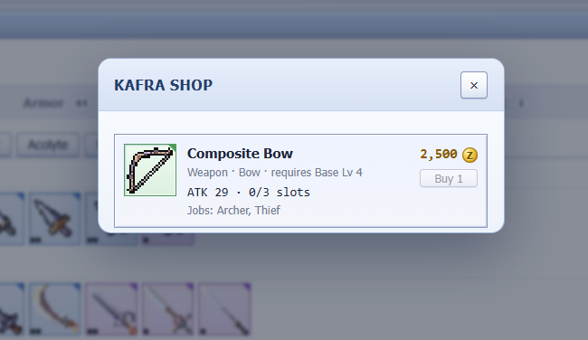 JacSappx's tweet photo. The Composite Bow looks like a solid early-game pickup in @IdleROGame. ⚔️ At 29 ATK and 3 slots, it offers nice upgrade potential for Archers and Thieves without breaking the bank at 2,500 Zeny. https://t.co/3Bb0WhcEPf