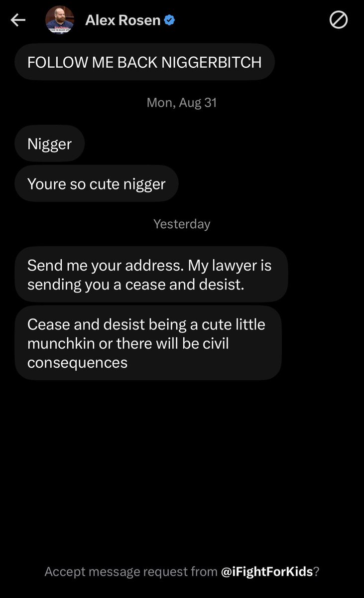 LegacyProgramVP's tweet photo. I’ve literally had crazy ex-girlfriends that have not blown up my messages as much as this weird ass dude, Alex Rosen. 

This 26 year old man-baby (yes, he’s literally ONLY 26 years old) has been in my DMs since I started calling out ‘Chud the Builder’ and other racists like himself. As you can see, I haven’t responded or even accepted his messages. 

It’s really odd behavior for a guy currently on probation and his address being public for everyone to see.