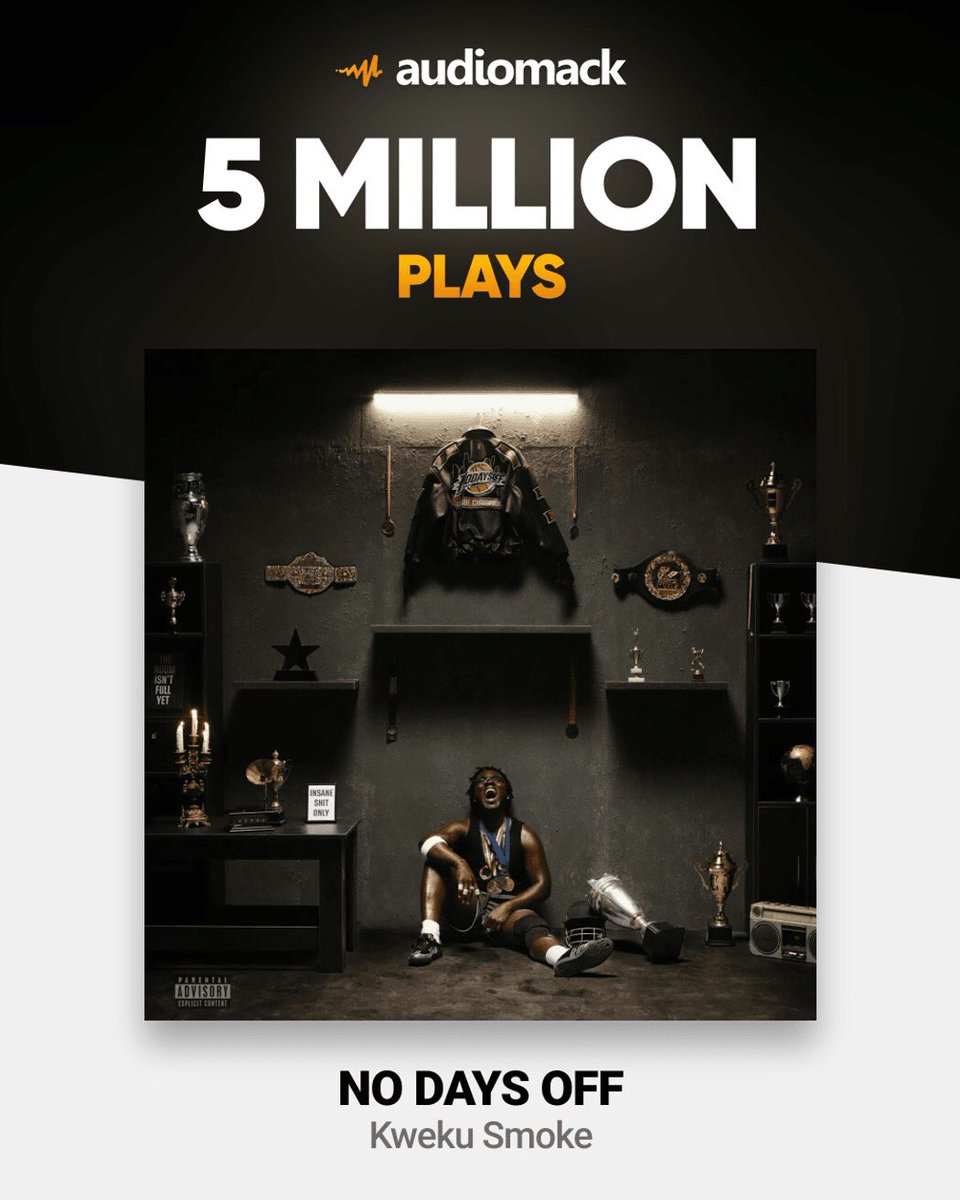 theeviralpicks's tweet photo. 🚨Kweku Smoke’s “No Days Off” has now surpassed 5 million streams on Audiomack.

— It was the most streamed album Globally on the platform yesterday. https://t.co/S1bQZrXfMx