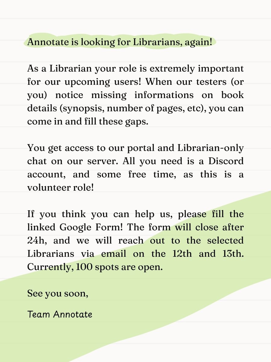 tryannotate's tweet photo. Annotate is looking for new Librarians! If you'd like to help us expand our library, check out our Form!

Please keep in mind that this role includes some responsibilities, it isn't only about testing the app.

We will get back to you on the 12th and 13th!
https://t.co/4I7DeBFyI1 https://t.co/Mu7Ccgg1L3
