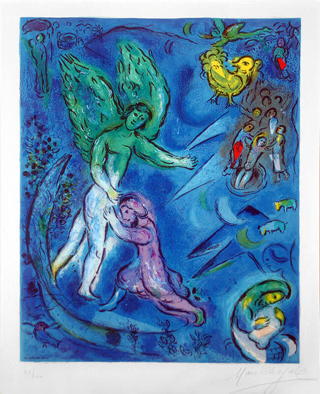 tfsalomon's tweet photo. Les âmes perdues seront étoiles filantes. Les âmes aimantes, elles, seront aimantes et aimantées, elles formeront une constellation.

#FrançoisCheng : "Quand reviennent les âmes errantes", 2012 .

Tableau :  #Chagal : La lutte de Jacob et de l'ange.