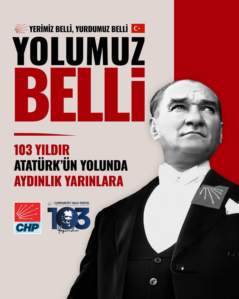 karadagferhatt's tweet photo. Biz, milletimizin kendi kaderine sahip çıktığı günlerde doğduk.

Bizim yerimiz belli: 103 yıldır aynı kararlılıkla safında durduğumuz Cumhuriyet Halk Partisi.

Bizim yurdumuz belli: Doğduğumuz, büyüdüğümüz ve uğruna şehitler verdiğimiz Türkiye’miz.

Bizim yolumuz belli: “Benim iki büyük eserim var; biri Türkiye Cumhuriyeti, diğeri Cumhuriyet Halk Partisidir.” diyen Gazi Mustafa Kemal Atatürk’ün aydınlık yolu.

103 yıldır inançla, kararlılıkla ve gururla…

Cumhuriyet Halk Partimizin 103. kuruluş yıl dönümü kutlu olsun. 🇹🇷

@herkesicinCHP @kilicdarogluk @orhansaribalchp