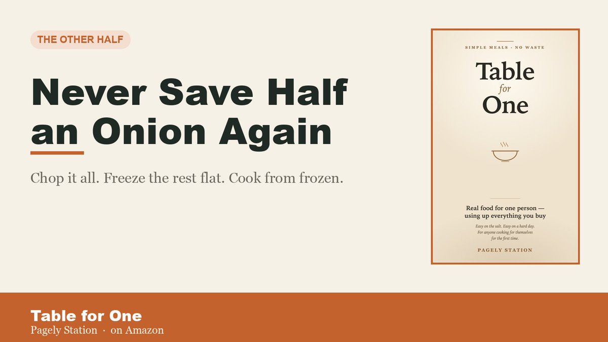 PagelyStation's tweet photo. Half an onion in the fridge again? Next time, chop the whole onion, use what tonight needs, and freeze the rest flat in a bag. It goes straight into a hot pan from frozen, already softened. Not for a salad. For anything cooked, it's as good as fresh. #CookingForOne https://t.co/f1aJjKM7rS