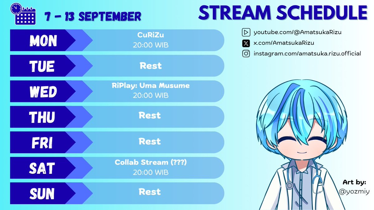 AmatsukaRizu's tweet photo. JADWALNYA YA GUYS (7-13 September 2026)
Hashtag for Amatsuka Rizu
Art: #Amatsukart
Nsfw: #Dangerizz
Clips: #Clipinzu
Schedule: #RiZched
Education:#HealthRizz
Gaming: #Riplay
Shorts: #Rishorts
Livestream: #RiLive
Fans name: Amoreizu
Join server discord: https://t.co/d7Gkfz7SJz https://t.co/bWAtb8k3Pv