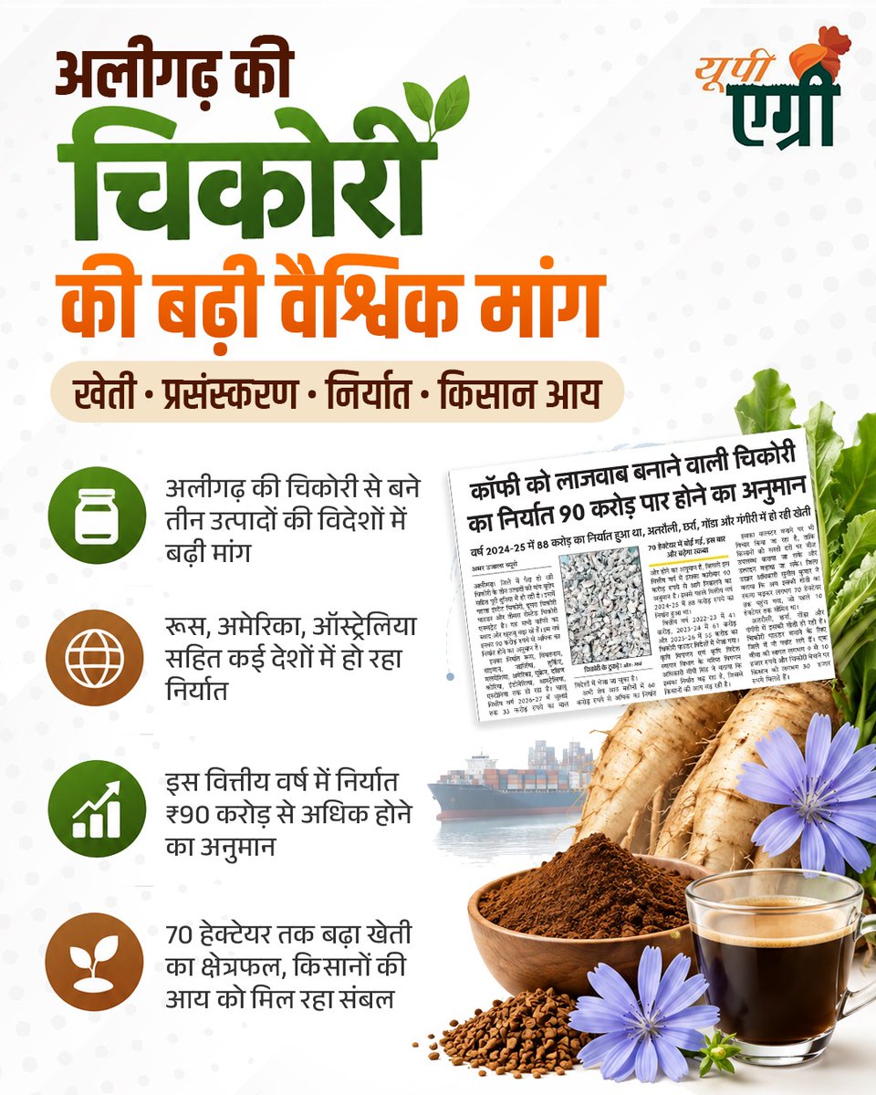 UP_Agri's tweet photo. लीगढ़ की चिकोरी ने बनाई वैश्विक पहचान

अलीगढ़ की चिकोरी की खेती से लेकर प्रसंस्करण और निर्यात तक बढ़ती मांग स्थानीय कृषि को नए बाजारों से जोड़ रही है।

 #Agri #Chicory #Aligarh #AgriExport #Agriculture #FarmerProsperity https://t.co/6TPtJTsan4