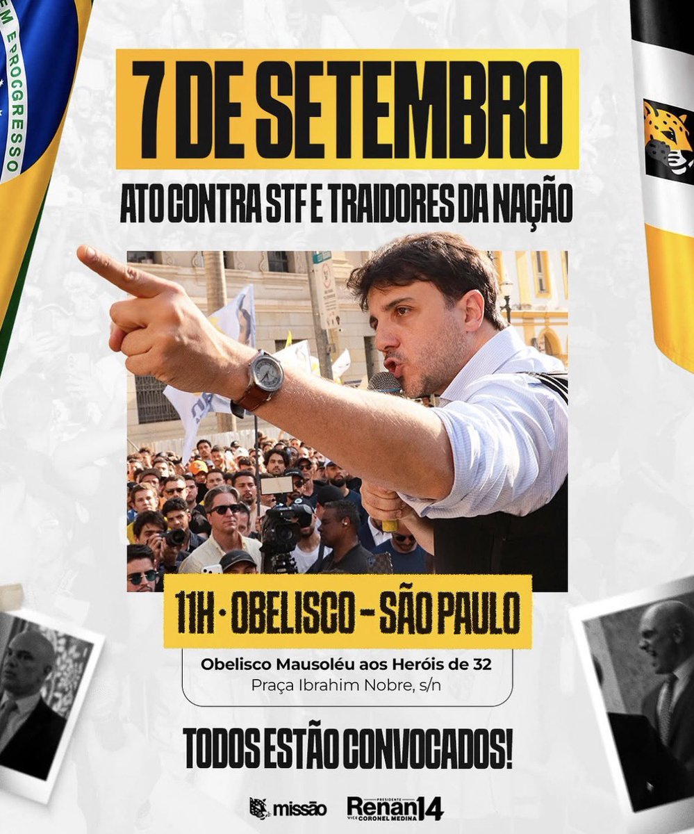 OFCBostil's tweet photo. 🚨URGENTE: Renan Santos acaba de lançar ato contra STF e traidores da nação no dia 7 de Setembro em frente ao obelisco! 

Preciso de pelo menos 500 comentários RENAN NO OBELISCO para ajudar a engajar a causa. Posso contar com vocês? https://t.co/Vghusg82tG