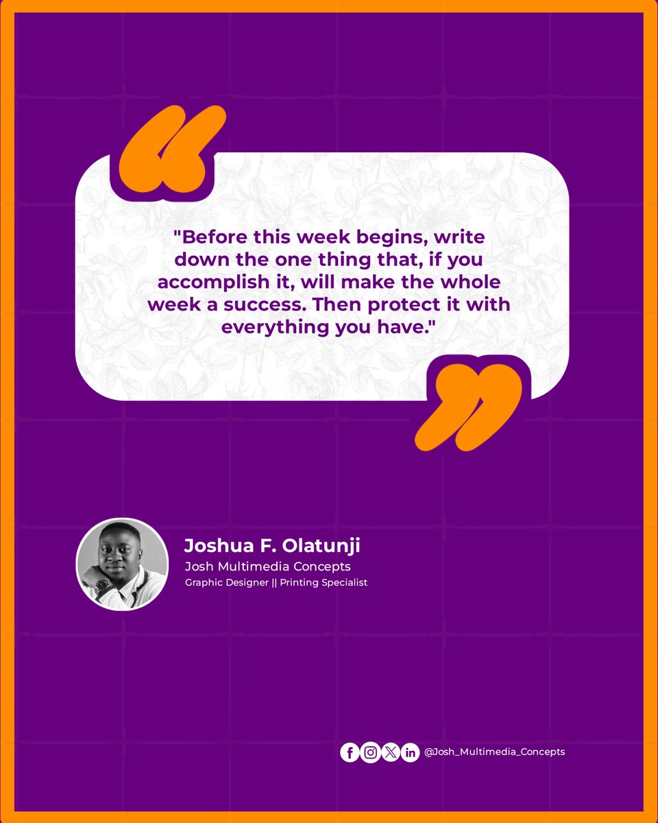 Joshconcepts001's tweet photo. PROTECT IT 💪

Your most important goal this week will be attacked by distractions, laziness and other people's urgency. Identify it now, guard it fiercely and refuse to let the week end without it done. 💡

#motivation https://t.co/IVdAvnTeJT