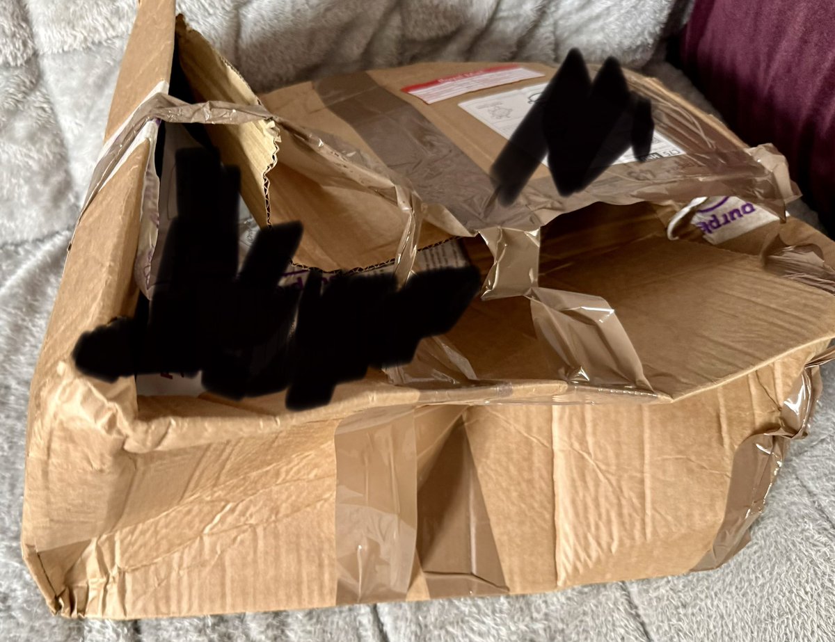 Bigcolbee's tweet photo. @RoyalMail - it’s no wonder people are favouring your competitors? After too many ‘attempts’ at delivery, I gave up and scheduled a redelivery for after the date I needed it (we’ve run out of days off!). Then you finally deliver today, to a house 50+ yds away in this condition 🤬 https://t.co/AOjd1pTP97