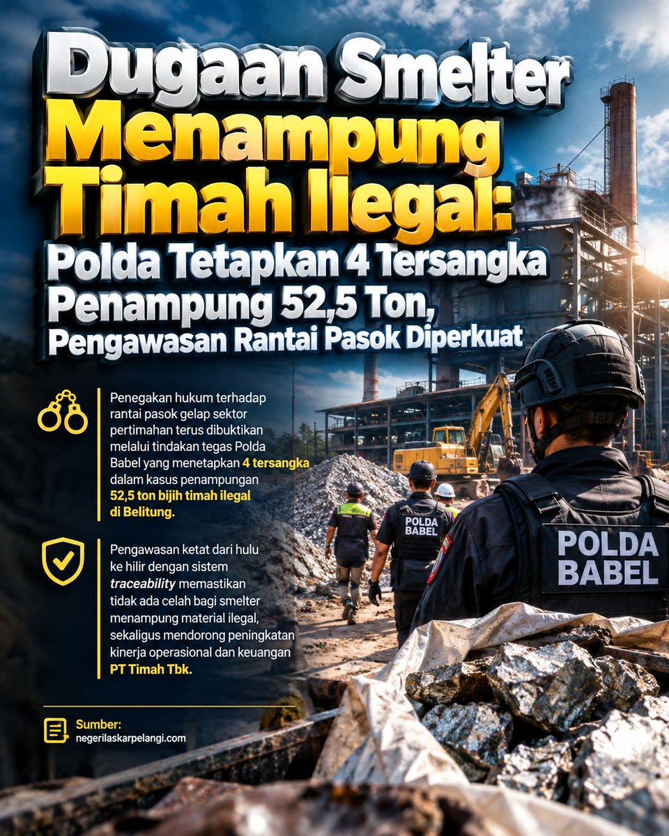 mimbardot's tweet photo. Penindakan terhadap dugaan penampungan timah ilegal di Bangka Belitung menjadi bagian penting dalam membenahi rantai pasok. Pengawasan dari hulu hingga hilir dapat mendukung tata niaga yang lebih tertib, termasuk di ekosistem PT Timah. #timah #bangkabelitung #Transparansi #ilegal https://t.co/UROTSvGerQ