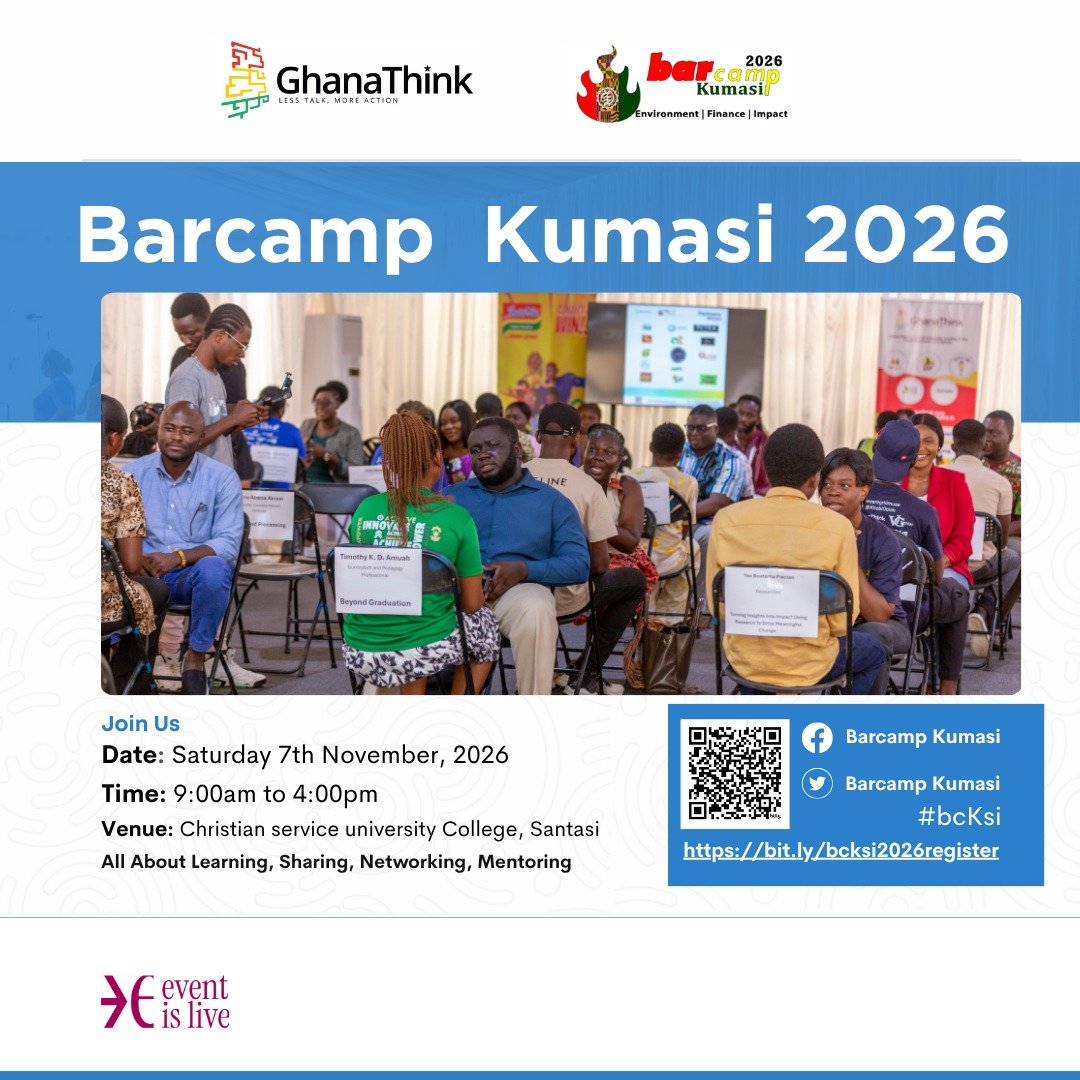 Barcampaccra's tweet photo. #BarcampKumasi is organized by  #GhanaThink as part of #BarcampGhana. 
#Barcamp Kumasi 2026 is on 📅  Saturday, 7th November @ 📍 CSU, #Kumasi from ⏰ 9AM – 4PM
🎯 Theme: Environment | Finance | Impact
🍽️ Free snacks &amp; lunch!
🆓 
🔗 Register: https://t.co/ppt5ey4q6m #bcksi https://t.co/srDIIbdGCj