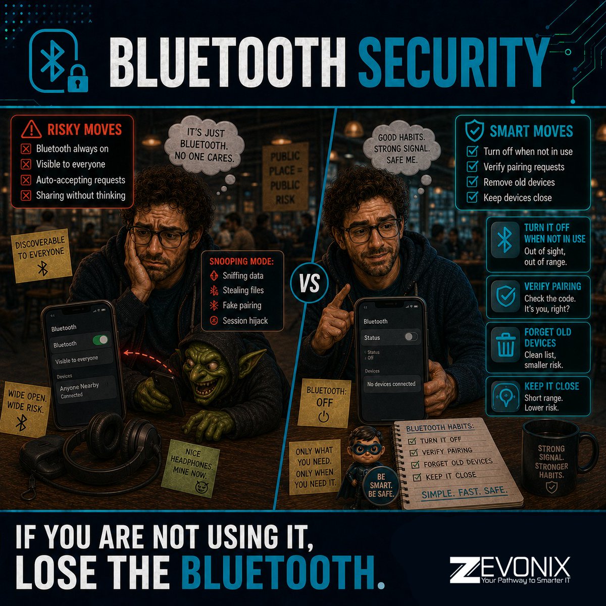 Zevonix_IT's tweet photo. Turn off Bluetooth when you are not using it. Less exposure, less risk. https://t.co/uddrDi8o8x https://t.co/5SpL84j3JZ
