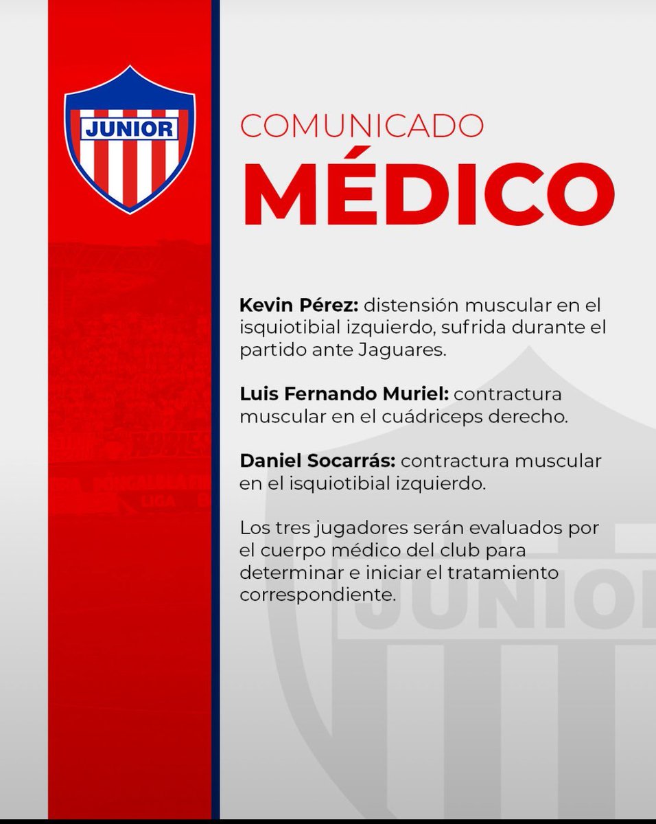 ElNegroCadillo's tweet photo. Junior de Barranquilla un equipo contracturado
Luis Fernando Muriel contractura isquiotibial derecho
Daniel Socarras contractura isquitibial izquierdo 
Kevin Perez distensión muscular isquiotibial izquierdo
#isquiotibial https://t.co/mJIjRpYmh2