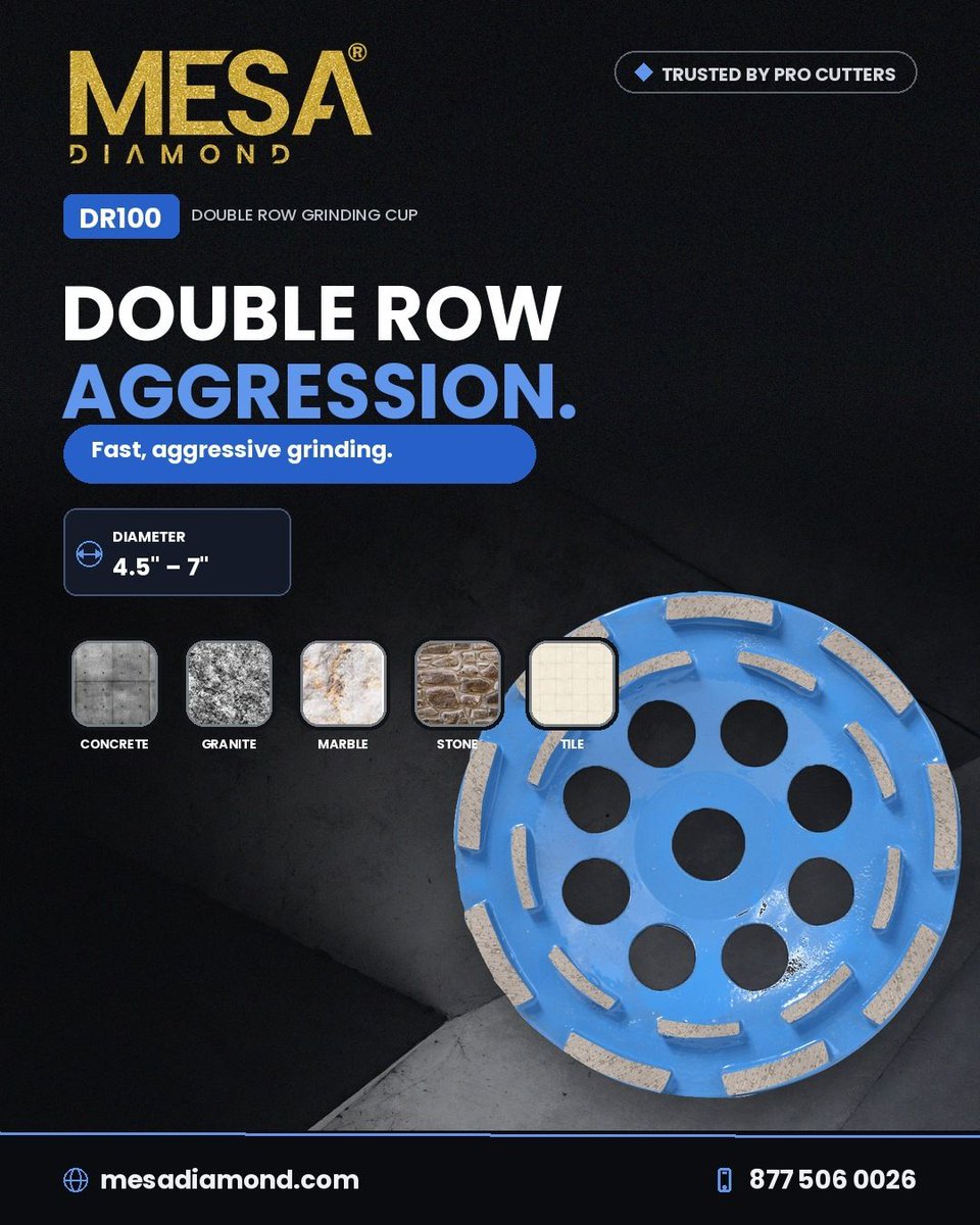 mesadiamondusa's tweet photo. Grind it flat, grind it fast. The MESA DR100 diamond cup wheel levels and smooths concrete and screed with aggressive, even stock removal. 877 506 0026

#grindingcup #concretegrinding #surfaceprep #diamondtools #mesadiamond https://t.co/tbZUir72km