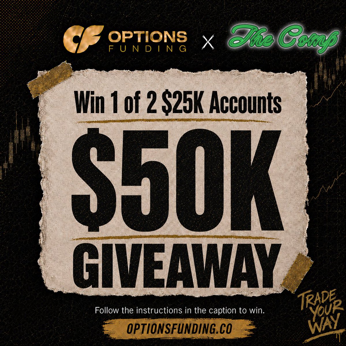 Jireh_Trades's tweet photo. GIVEAWAY: 2 FREE $25K EVALUATION ACCOUNTS

I am giving away 2 free $25K Options Funding evaluation accounts. 2 winners each get a $25K account free every month, with no monthly bill. Pass the evaluation and you can get funded.

How to enter:
1. Follow @OptionsFunding_ and @Jireh_Trades 
2. Join the Options Funding Discord: https://t.co/zIF7eqIPUz
3. Tag 3 friends below
4. Repost this

Winners announced after Sep 11 at 4pm EST

Start your own account here: https://t.co/NmgTP2H9Kz
Use code COMP for a discount.

In collaboration with Options Funding.