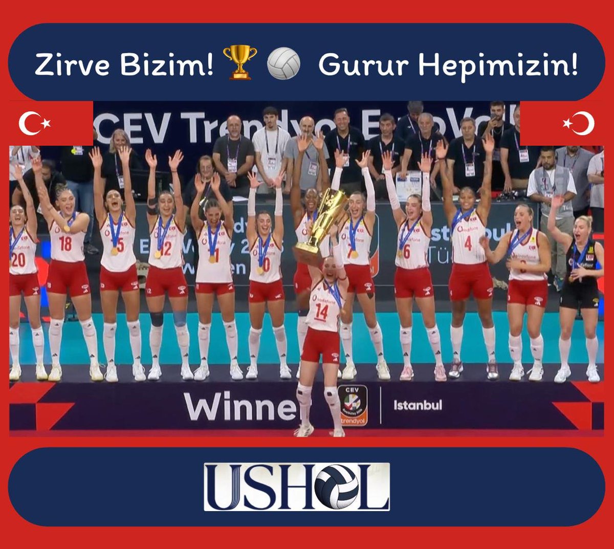 USHOL_'s tweet photo. Zirve Bizim! 🏆🏐 Gurur Hepimizin! 🇹🇷

EuroVolley sahnesinde sergilediğiniz inanç, mücadele ve kararlılıkla bizlere bir kez daha tarifsiz bir gurur yaşattınız.

Şampiyon A Milli Kadın Voleybol Takımımızı yürekten kutluyoruz.

Tebrikler #AtatürkünKızları! https://t.co/1HSZnNIL0a
