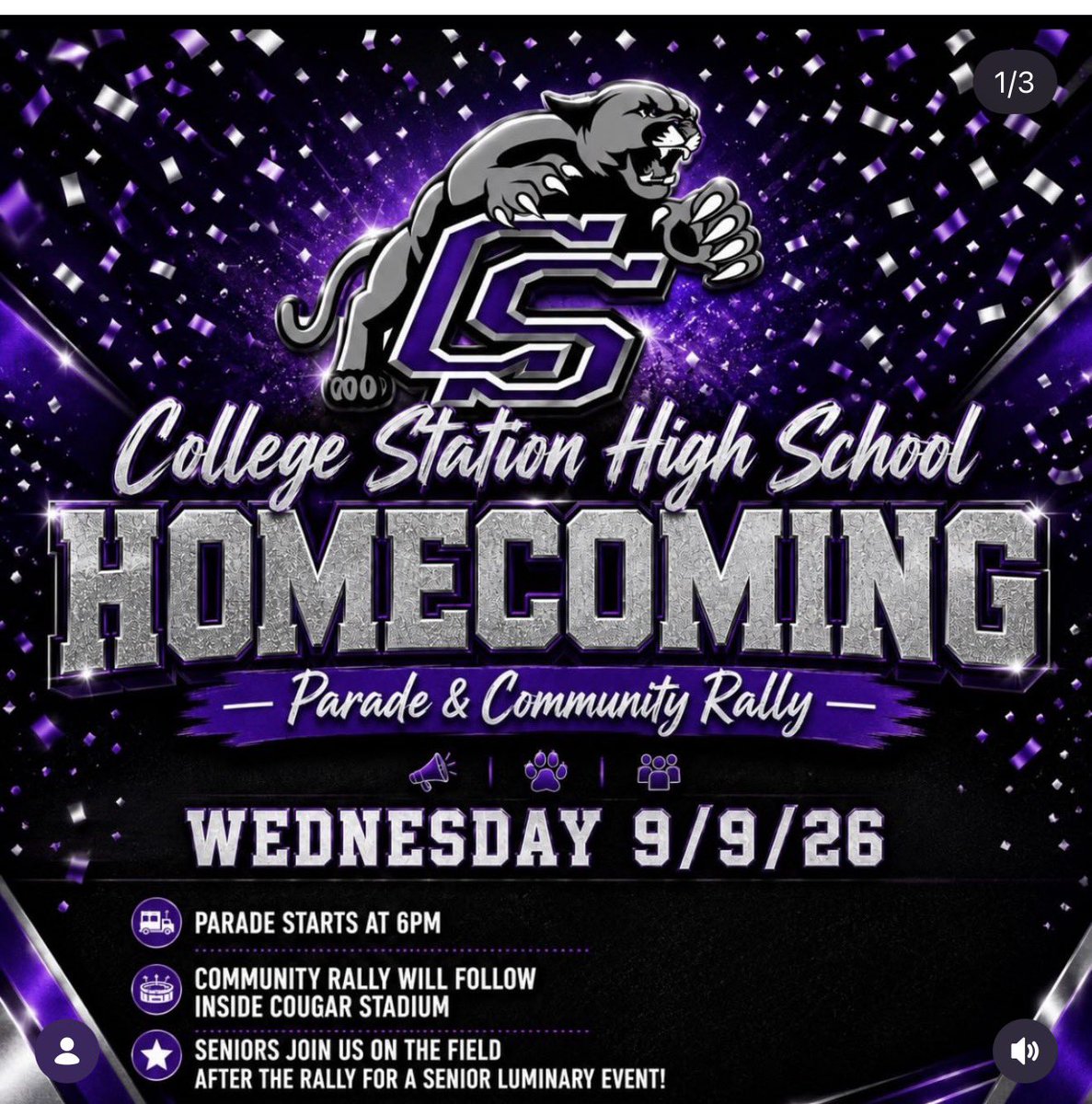 CSHSCougarClub's tweet photo. Parade info for this week! 💜💜 https://t.co/MFRCwd5Fc0