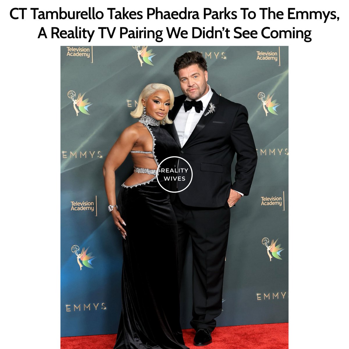 realitywives's tweet photo. Well, well, well… look who just made their red carpet debut! ✨ Phaedra Parks and CT Tamburello stepped out together for the Creative Arts Emmys, serving up a reality TV pairing nobody had on their bingo card. ⁣
⁣
From reality drama to the Emmy red carpet, these two are proving that sometimes the most unexpected duos make the best entrance. 💅🏽🏆✨⁣
